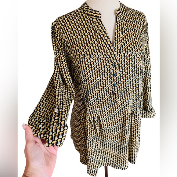 COCOMO 3X yellow brown poly spandex flannel 3/4 sleeve women’s Pintuck tunic - Picture 8 of 15